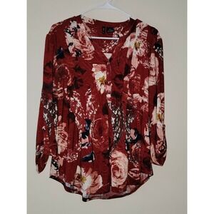 INC International Concepts Petite Floral Print V Neck Button Front Top Shirt PL